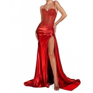 NEW LADIVINE sheer corset high slit dress in red